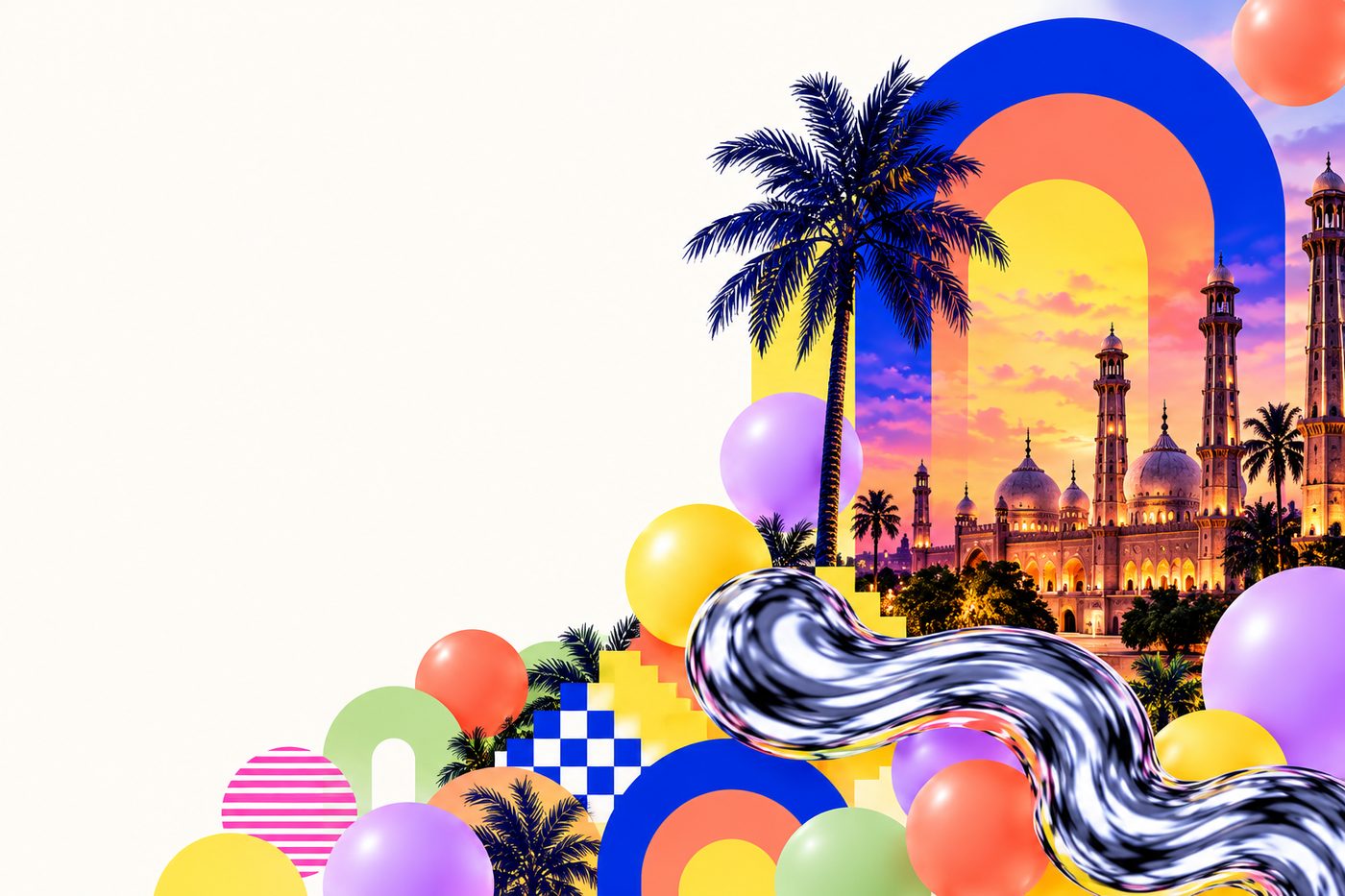Lahore collage with palms, towers and people